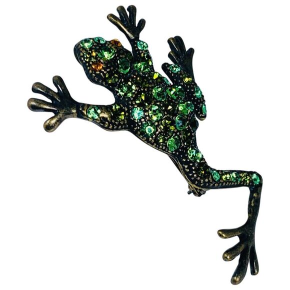 Green Crystal Frog Brooch Pin 3" Toad Whimsical Figural - Picture 3 of 10